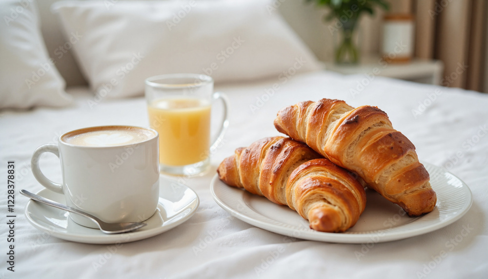 Elegant breakfast in bed with croissants and espresso, timeless indulgence, Breakfast in Bed, Mother’s Day Elegant breakfast in bed with croissants and espresso, timeless indulgence, Breakfast in Bed, Mother’s Day
