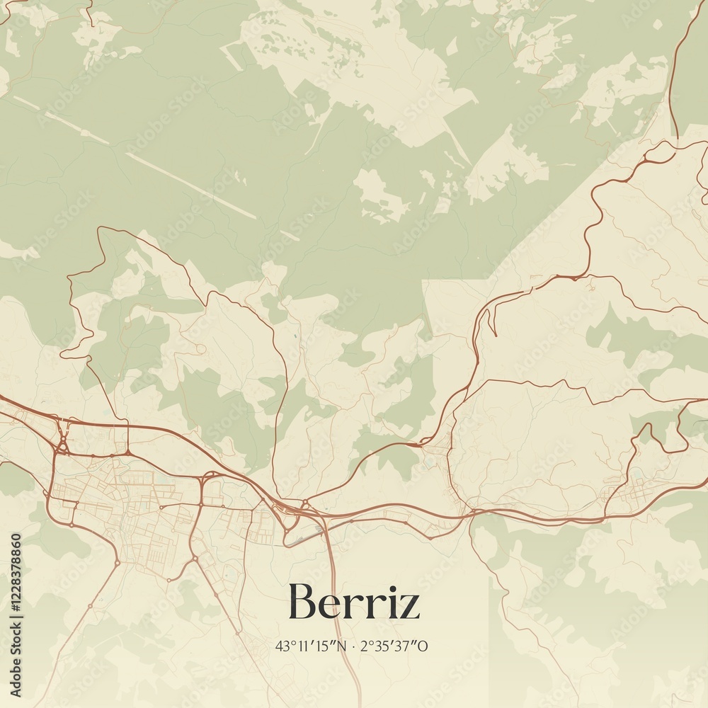 Naklejka premium Retro Spanish map of Berriz, Pa�s Vasco. Vintage street map.