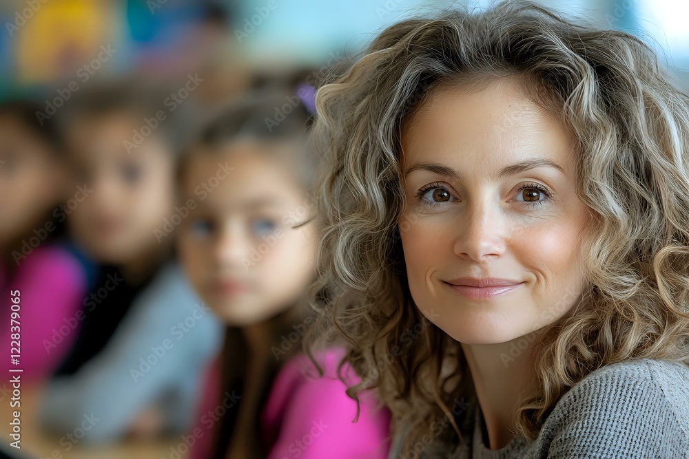 Obraz premium Smiling Caucasian female teacher with curly blonde hair in classroom setting with students blurred in background, wearing grey sweater, natural daylight.