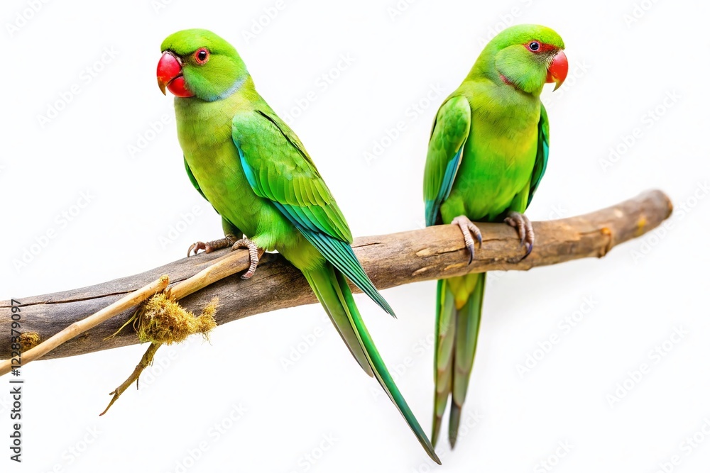 Obraz premium Two Green Parakeets Perched on Branch, Isolated on White Background - Stock Photo
