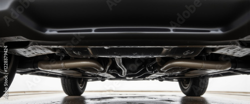 Car underside inspection with detailed view on exhaust system against clean background photo