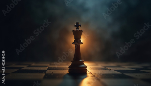 A black king chess piece stands out on a chessboard with a glowing light in the background photo