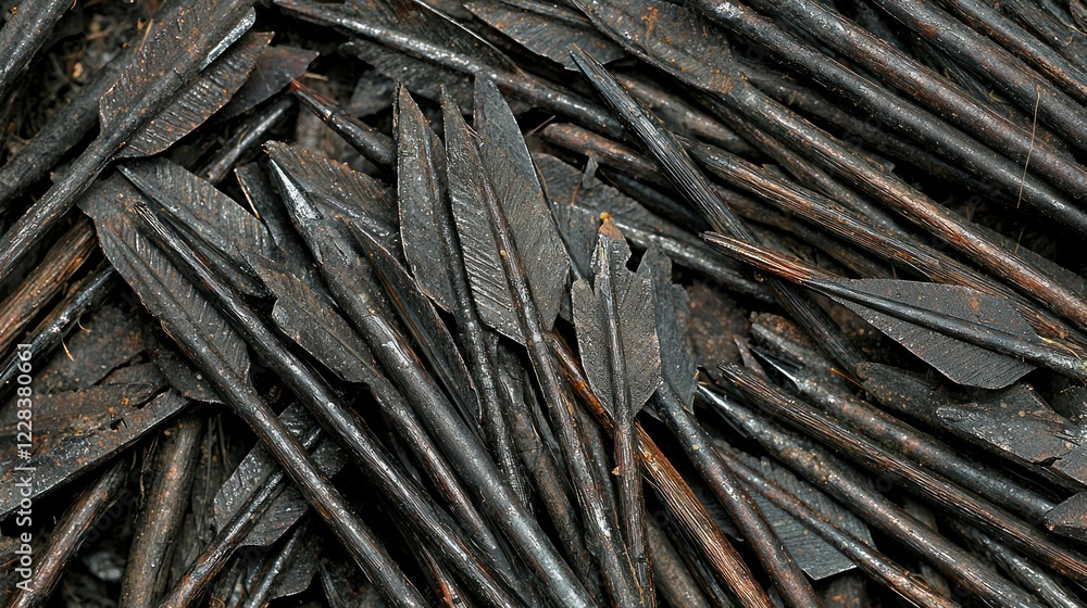 Pile of ancient metal arrowheads, warfare remnants, battlefield, conflict history Pile of ancient metal arrowheads, warfare remnants, battlefield, conflict history