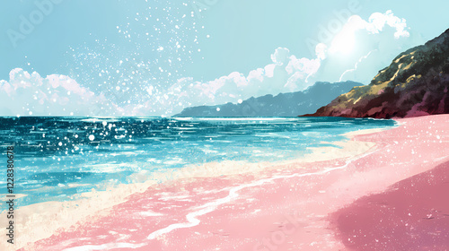 Tranquil beach scene with a pink sandy shore and sparkling turquoise water. Sparkling Shore. Illustration photo