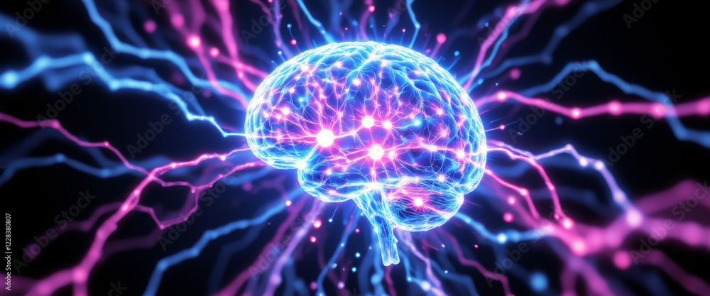 Fototapeta premium Digital brain illustration with vibrant energy representation against a dark background