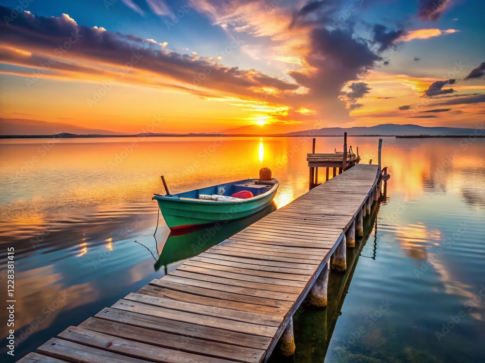Fototapeta premium Valencia Albufera Sunset: Fishing Boat Approaching Jetty - Documentary Photography