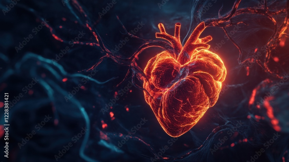 Fototapeta premium An abstract representation of the human cardiovascular system with glowing blood vessels and a dark, ethereal background, Futuristic style