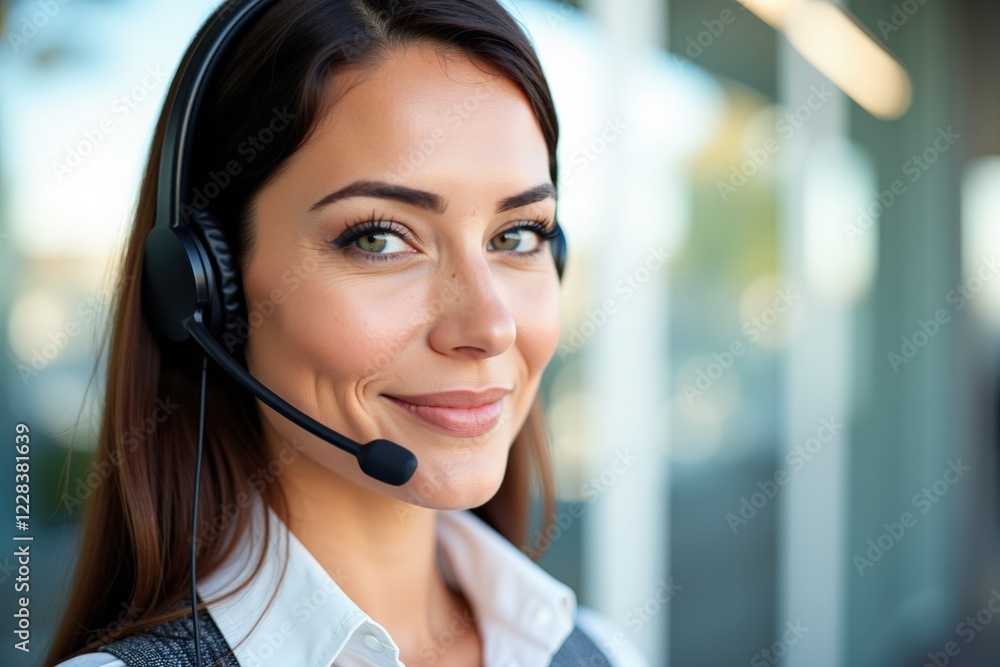 Smiling Woman in Headset Providing Customer Support at a Call Center, Portraying Professionalism and Approachability in a Bright, Modern Workplace Setting Smiling Woman in Headset Providing Customer Support at a Call Center, Portraying Professionalism and Approachability in a Bright, Modern Workplace Setting