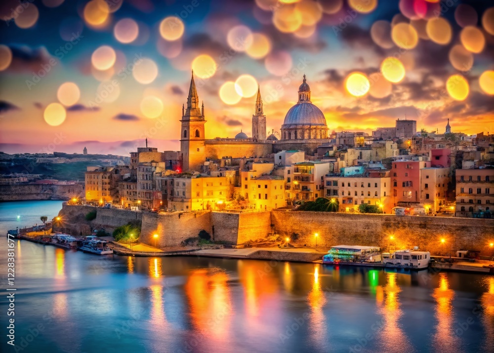 Naklejka premium Valletta Malta: Romantic Sunset Bokeh, Historic Cityscape