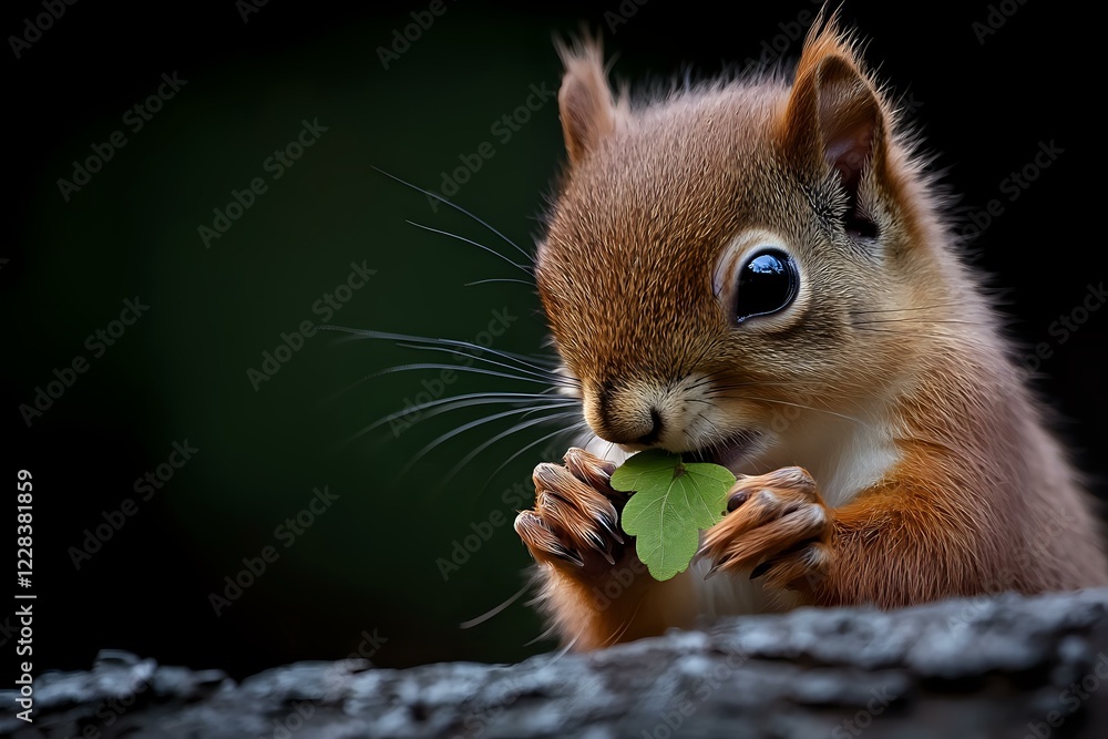 Fototapeta premium Close-up portrait of red squirrel eating green leaf against dark background, showing detailed whiskers and expressive blue eyes in natural forest setting.