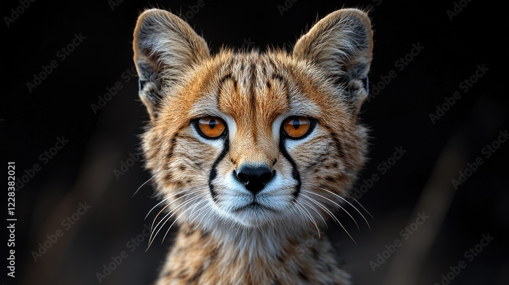 Close-up portrait of a cheetah cub with its striking orange eyes and patterned fur Close-up portrait of a cheetah cub with its striking orange eyes and patterned fur
