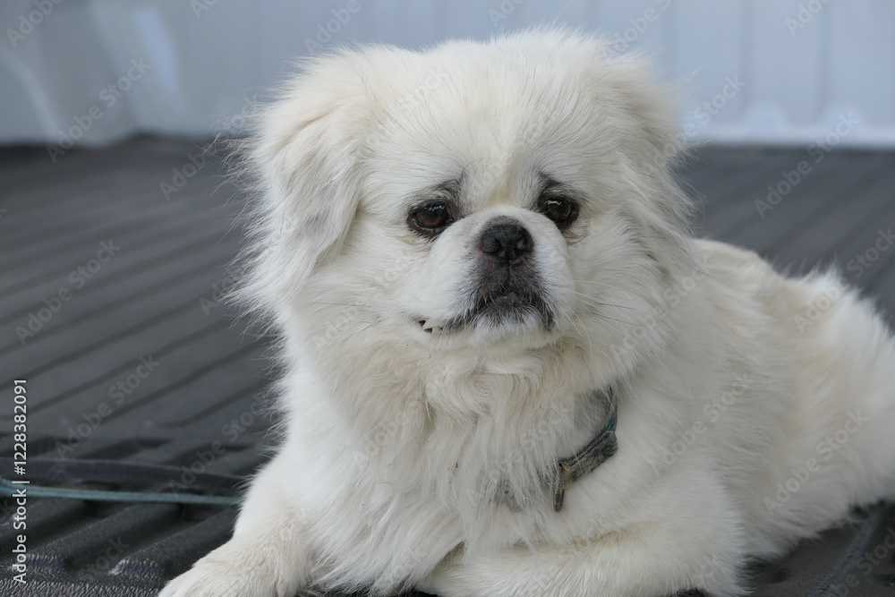 White pekingese dog sitting in back of pickup truck White pekingese dog sitting in back of pickup truck