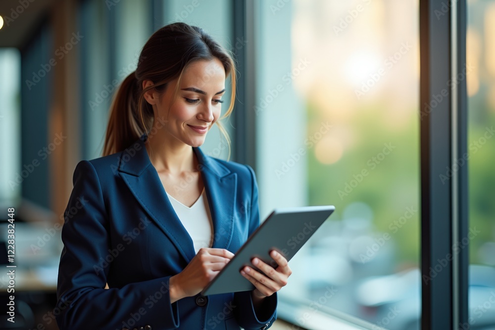 Professional Businesswoman Using Tablet in Modern Office with Glass Windows Overlooking Urban Landscape at Sunset Professional Businesswoman Using Tablet in Modern Office with Glass Windows Overlooking Urban Landscape at Sunset