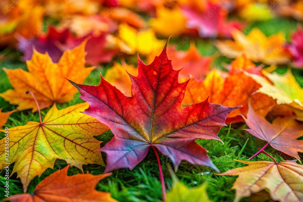 Vibrant Autumn Maple Leaves Macro Photography - Green Ground Cover Vibrant Autumn Maple Leaves Macro Photography - Green Ground Cover