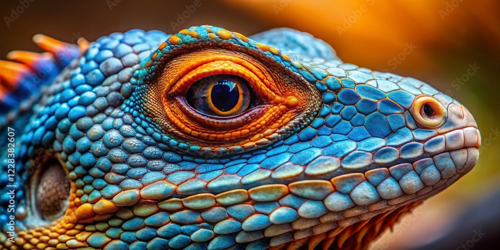 Obraz premium Vibrant Blue and Orange Lizard Close-Up: Exotic Reptile Macro Photography