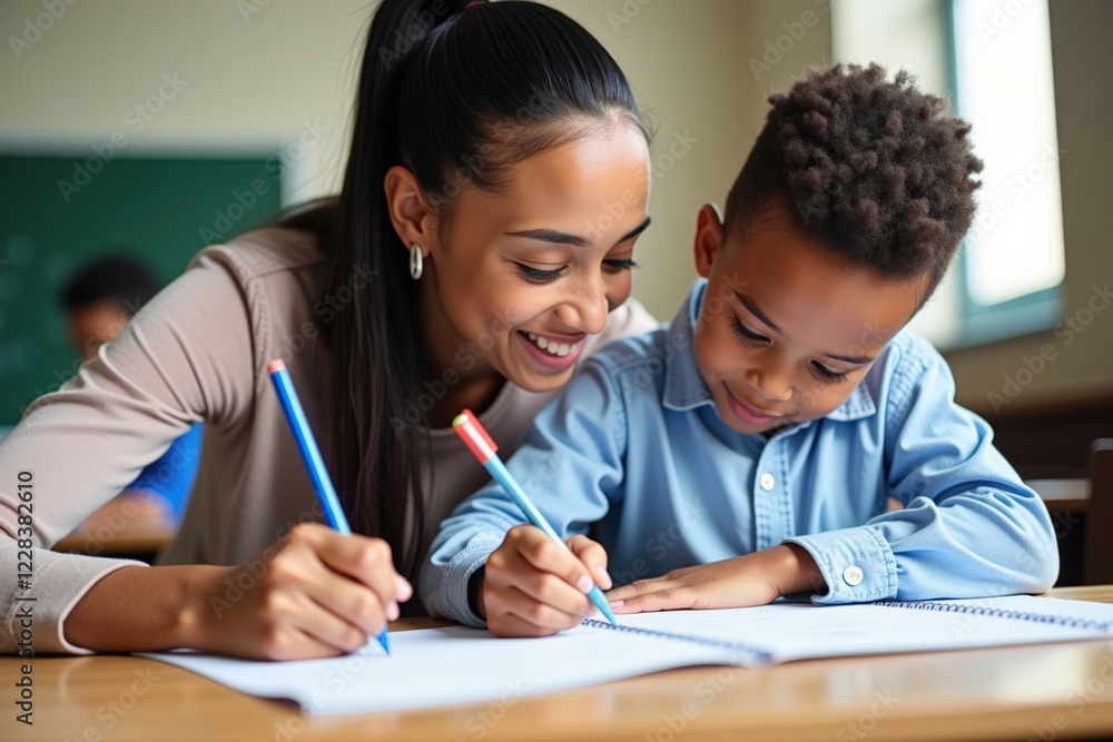 A Dedicated Teacher Engaging with a Young Student in a Classroom Environment, Fostering Learning and Creativity Through Collaborative Activities A Dedicated Teacher Engaging with a Young Student in a Classroom Environment, Fostering Learning and Creativity Through Collaborative Activities
