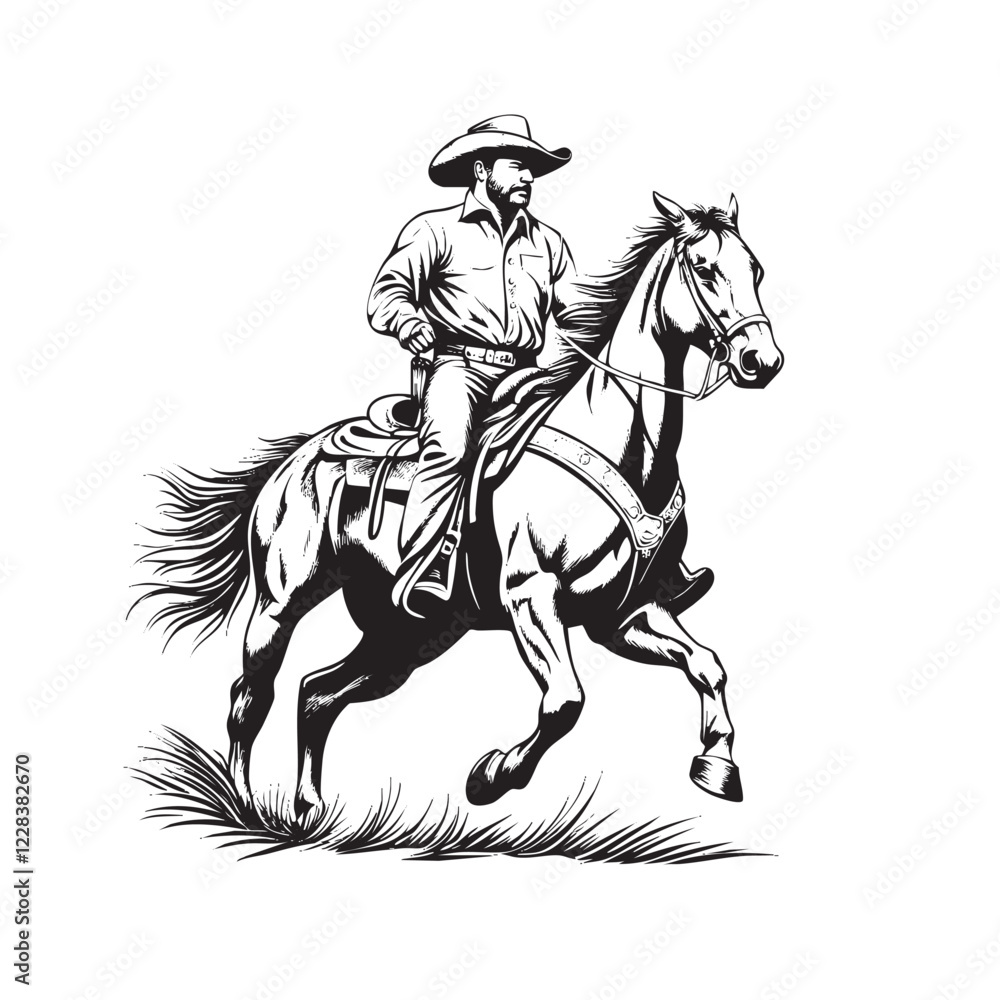 Fototapeta premium Monochrome illustration of a cowboy riding a galloping horse, detailed with bold strokes, showcasing Western spirit, strength, and freedom in action.