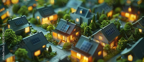 Smart microgrid community.  Houses share energy via distributed storage & load balancing.  Solar panels ensure grid independence. Network visualization highlights efficient energy flow.