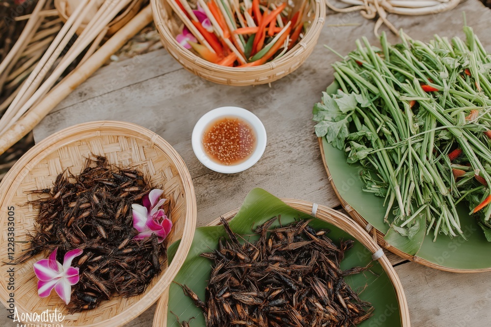 Fototapeta premium Unique culinary experience featuring roasted insects and fresh vegetables at a local market