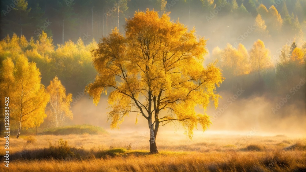 A lone yellow-tinted silver birch tree stands tall in a misty forest landscape with a soft golden light filtering through the trees , autumn leaves, yellow tint A lone yellow-tinted silver birch tree stands tall in a misty forest landscape with a soft golden light filtering through the trees , autumn leaves, yellow tint