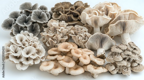 Fresh organic mushrooms in various shapes and sizes arranged on white background, including oyster and maitake varieties in natural beige and gray tones. photo