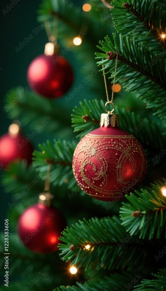 Close-up of richly decorated Christmas tree ornaments on a plush green background , festive background, Christmas tree Close-up of richly decorated Christmas tree ornaments on a plush green background , festive background, Christmas tree
