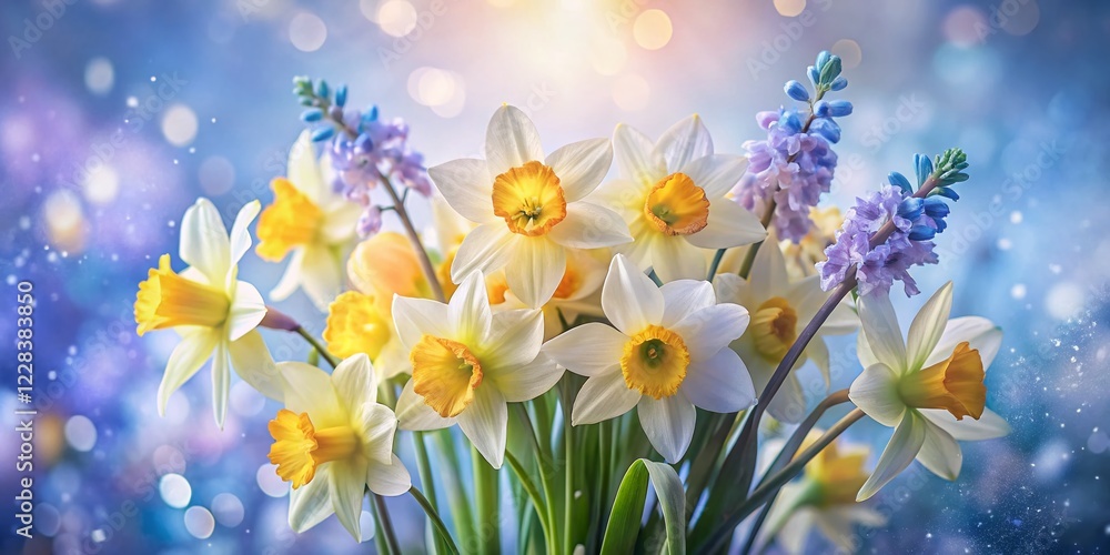 Fototapeta premium Vibrant Easter Daffodil and Bluebell Bouquet - Long Exposure Spring Flowers