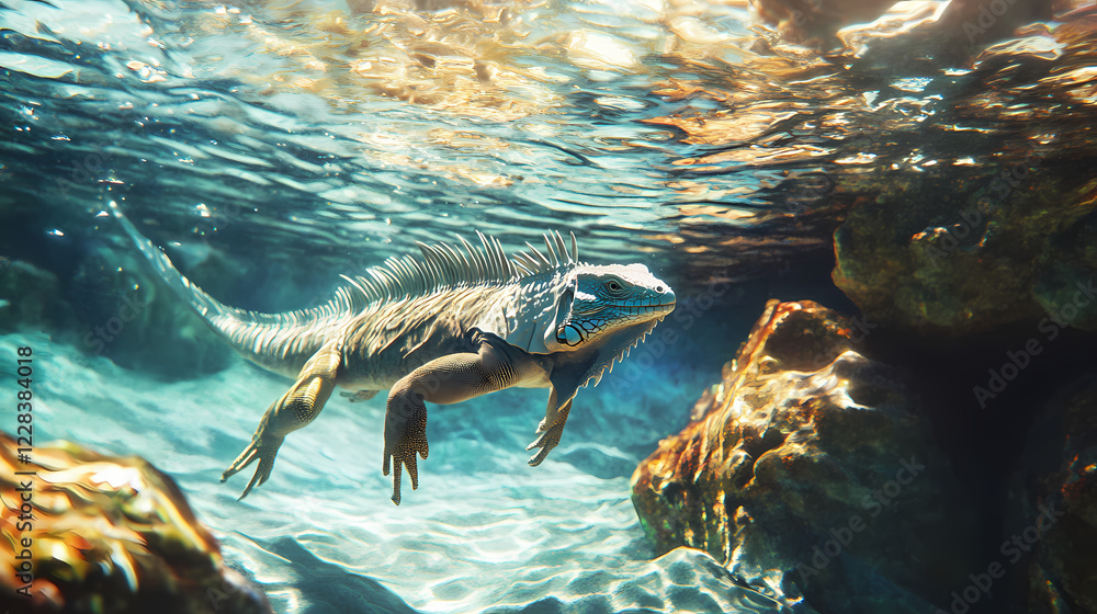 Fototapeta premium An iguana swimming gracefully in clear, shallow water near a rocky shore, with sunlight sparkling on the surface. Sparkling Shore. Illustration