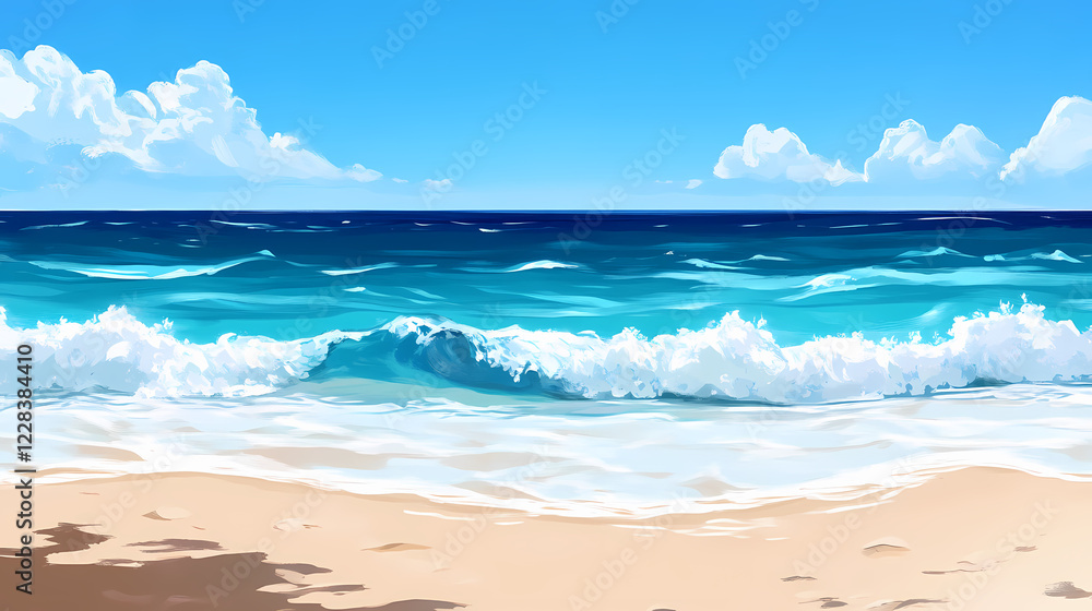 Close-up of sandy beach with ocean waves and blue sky in the background. Sparkling Shore. Illustration Close-up of sandy beach with ocean waves and blue sky in the background. Sparkling Shore. Illustration