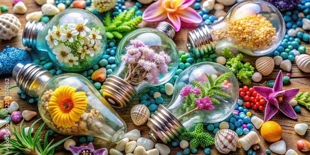 A cluster of colorful glass light bulbs surrounded by tiny flowers A cluster of colorful glass light bulbs surrounded by tiny flowers