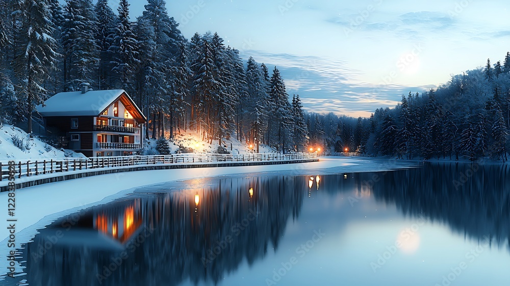 Fototapeta premium Serene winter evening by a lakeside cabin, illuminated trees reflecting on calm waters