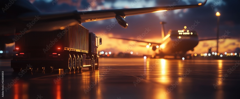 Naklejka premium Sunset cargo plane airport, truck loading, logistics