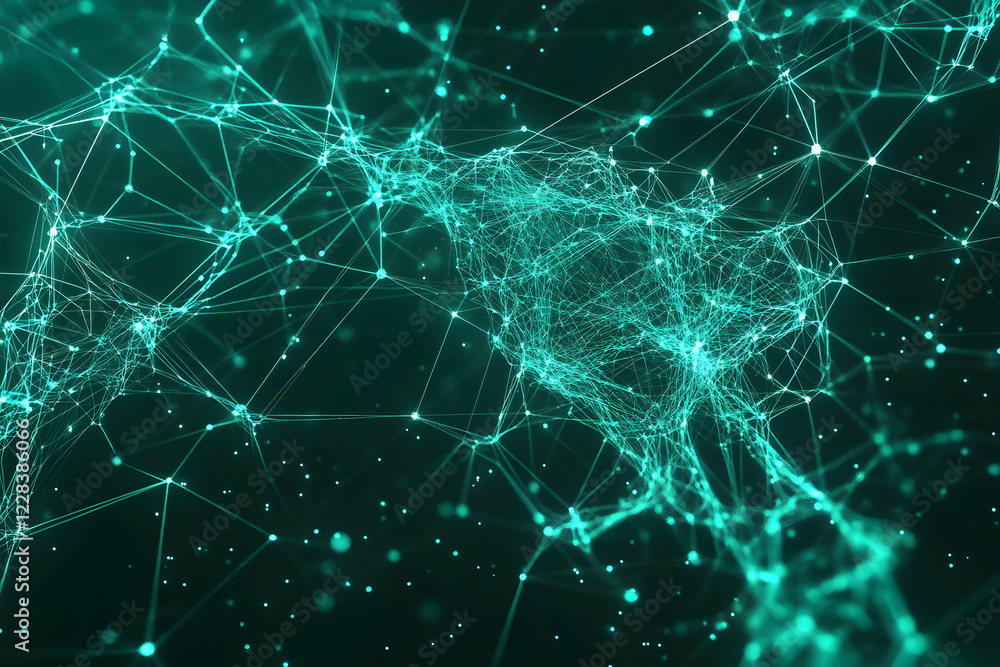 Abstract Turquoise Network Glows with Interconnected Nodes and Lines, Forming a Complex Structure in a Dark Background. Abstract Turquoise Network Glows with Interconnected Nodes and Lines, Forming a Complex Structure in a Dark Background.