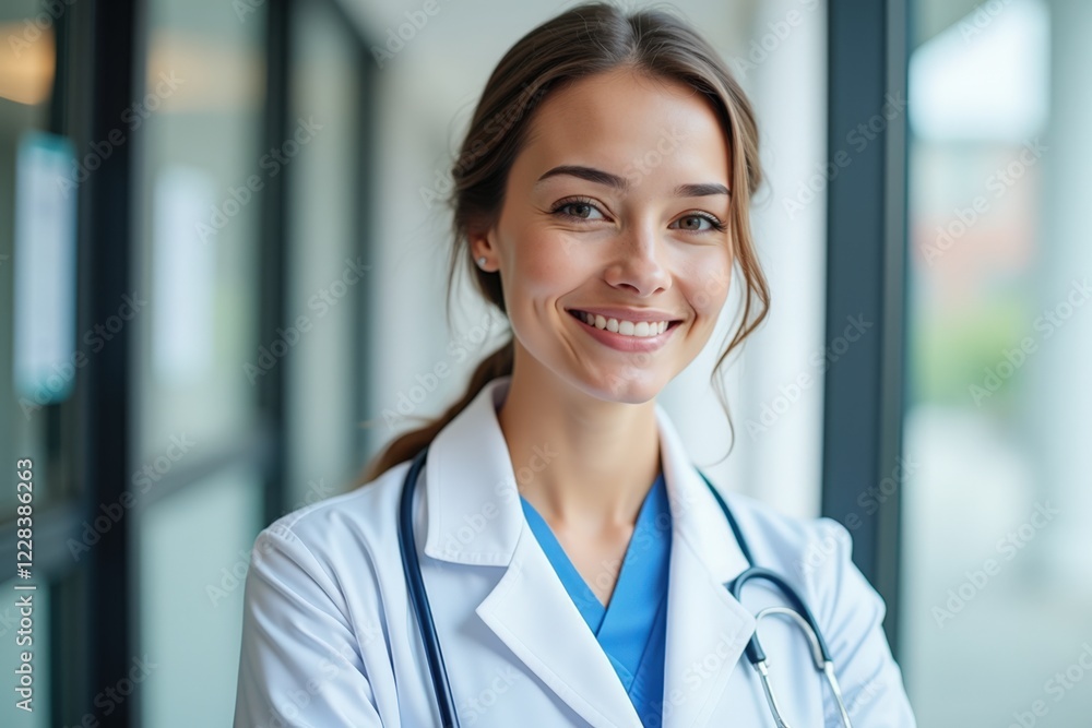 A Confident Female Doctor Smiling in a Hospital Corridor, Showcasing a Compassionate Healthcare Professional Ready to Provide Exceptional Medical Care and Support A Confident Female Doctor Smiling in a Hospital Corridor, Showcasing a Compassionate Healthcare Professional Ready to Provide Exceptional Medical Care and Support