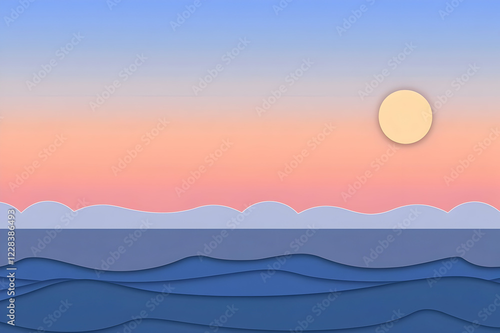 Fototapeta premium Paper Cutout Ocean Waves Under a Pastel Sunset Sky with Distant Mountains