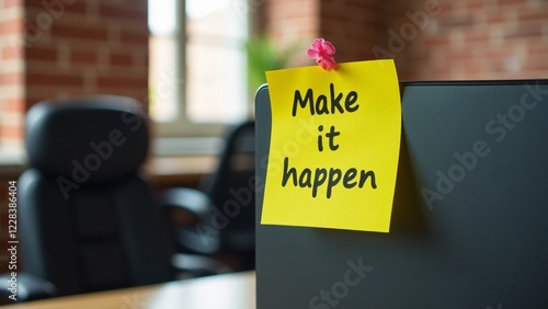 Wallpaper Mural A yellow post-it with "Make it happen" on a coworking space screen, with exposed brick and ergonomic leather chair, motivating decisive action and success. Torontodigital.ca