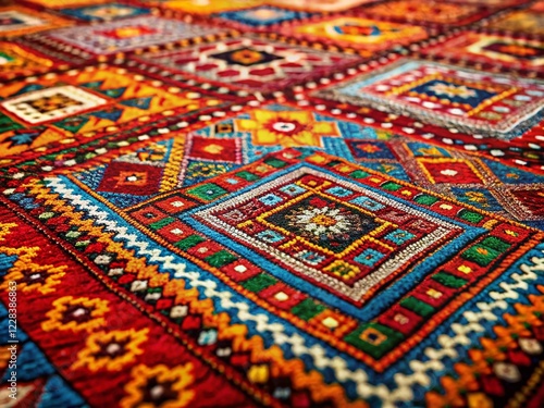 Vibrant Moroccan Carpet: Intricate Geometric Patterns & Rich Colors - Tilt-Shift Photography