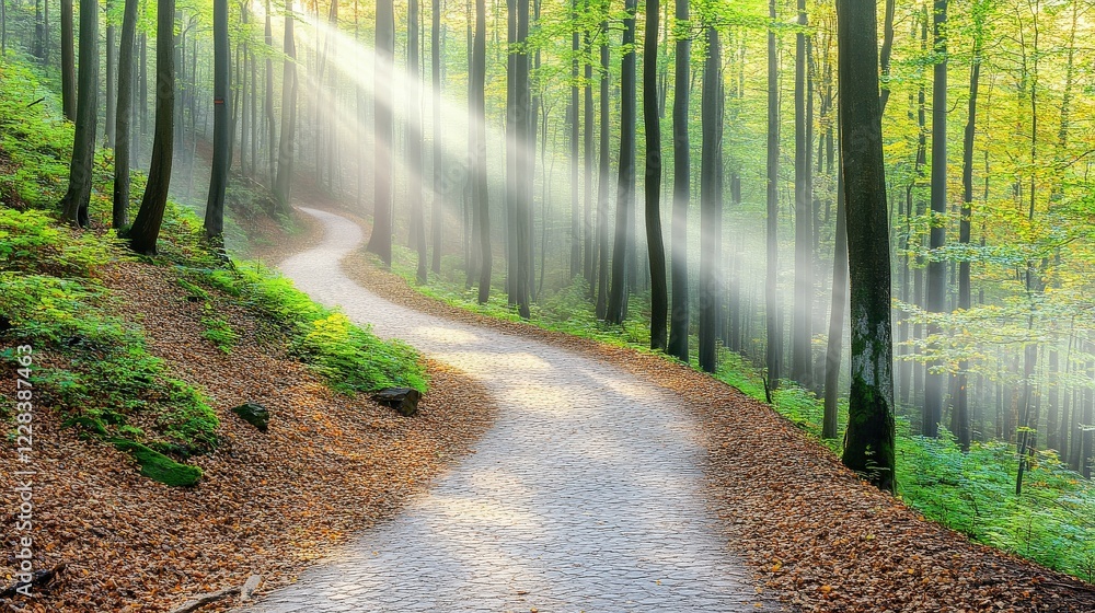 Fototapeta premium Serene winding path through a sunlit forest with gentle rays illuminating the trees