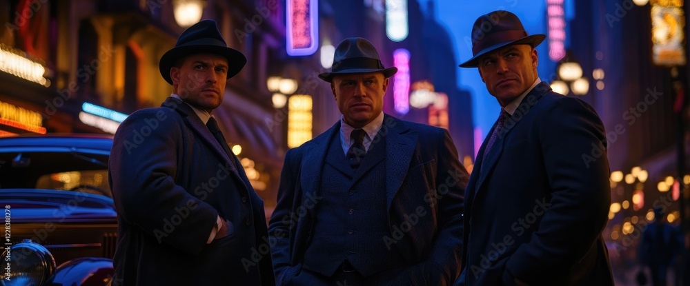 Obraz premium Three gangsters in 1920s city. Night. Car. Crime