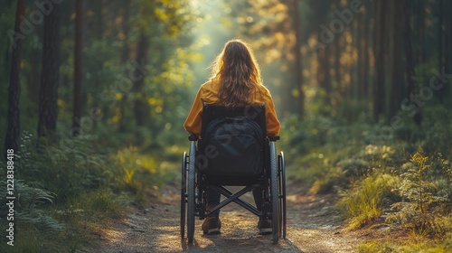 Wallpaper Mural A person in an orange shirt sits in a wheelchair on a forest path, surrounded by sunlight filtering through the trees, creating a serene natural scene. Torontodigital.ca