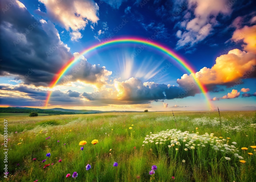 Naklejka premium Vibrant Rainbow & Fluffy Clouds Over Lush Green Field - Sunny Day Stock Photo