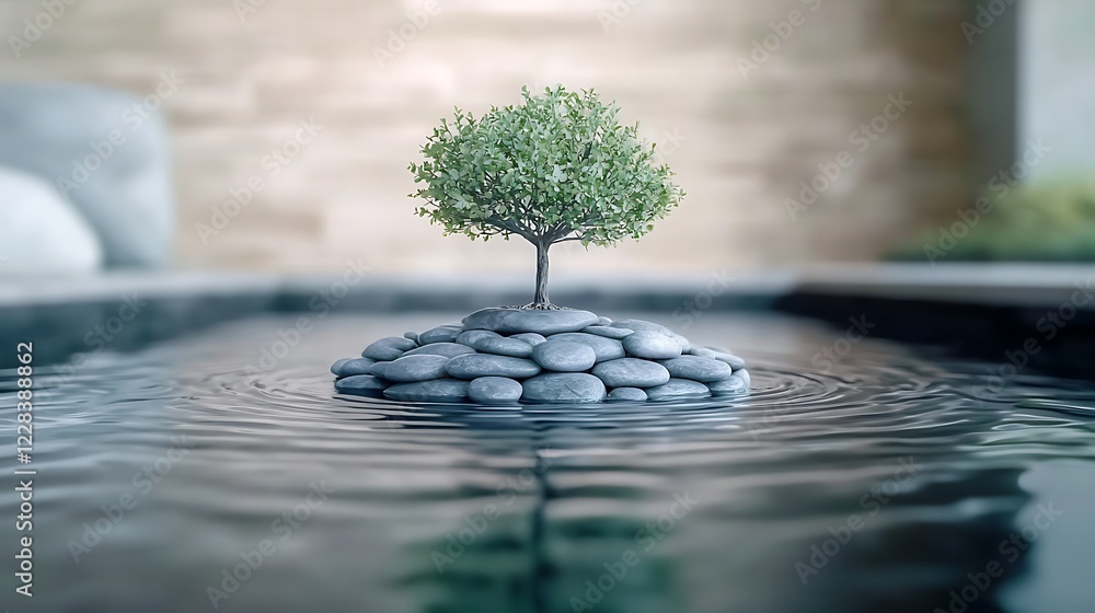 Small tree growing on rocks in calm water, modern interior background, zen peace concept Small tree growing on rocks in calm water, modern interior background, zen peace concept