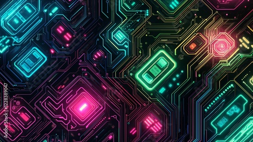 Abstract background with neon circuit patterns, glowing in vibrant colors in a black background. High-tech and futuristic design, inspired by computer chips.