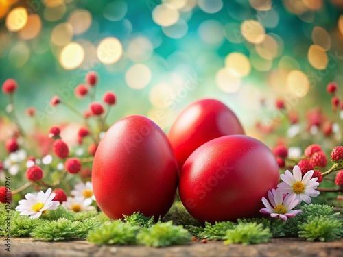 Vibrant Red Easter Eggs Close-Up with Spring Flowers - Festive Holiday Background