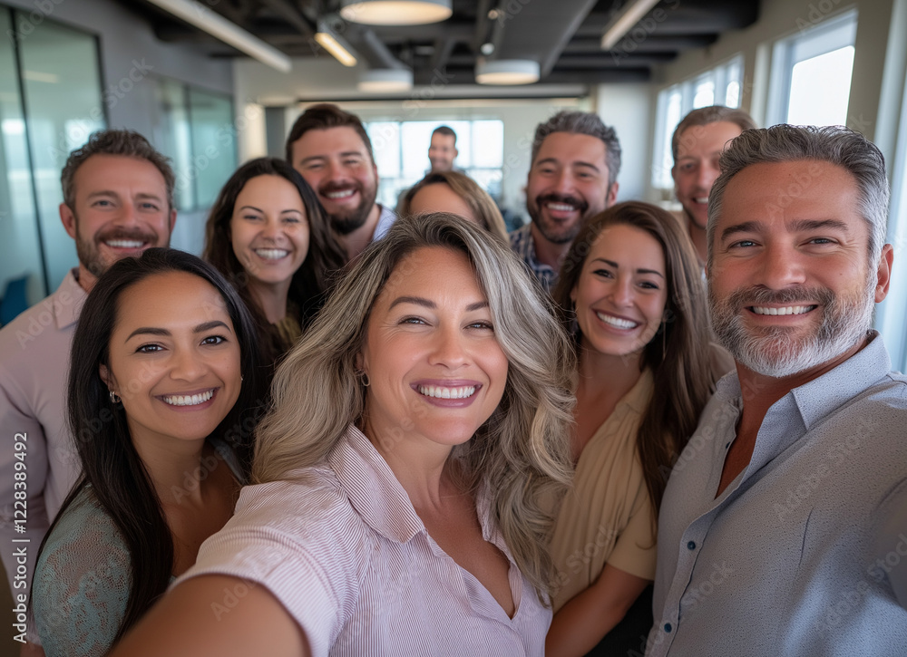 Diverse Team of Business Professionals Smiling in a Corporate Office Selfie Diverse Team of Business Professionals Smiling in a Corporate Office Selfie
