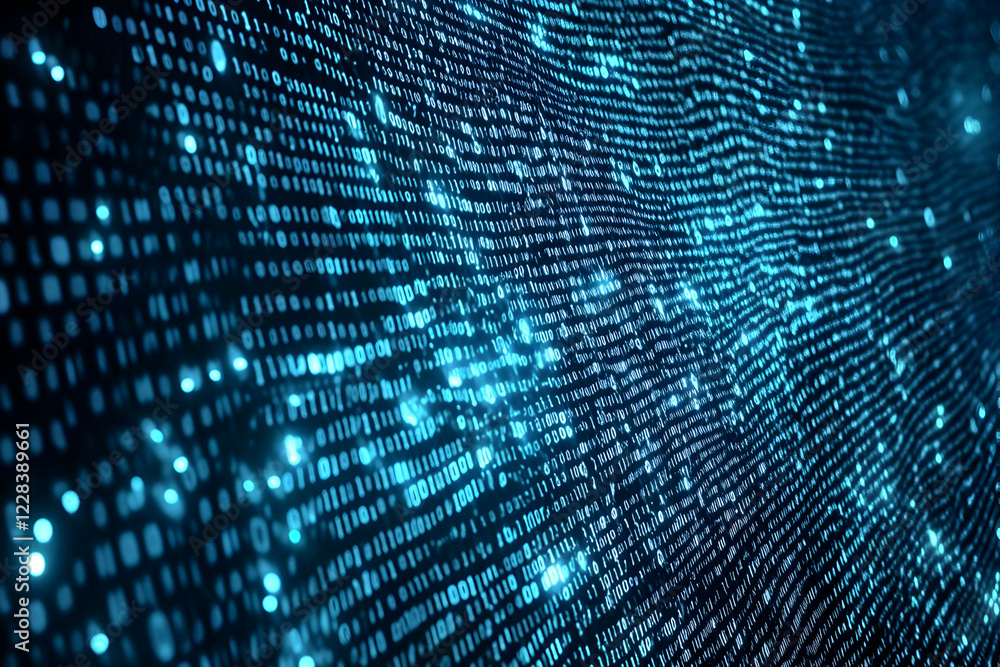 Binary Code Stream Flows Across Dark Background with Glowing Blue Digits Representing Data Binary Code Stream Flows Across Dark Background with Glowing Blue Digits Representing Data