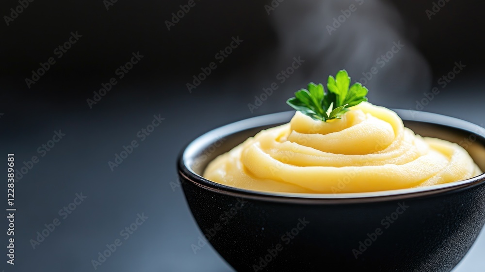 Steaming mashed potatoes in black bowl with parsley garnish