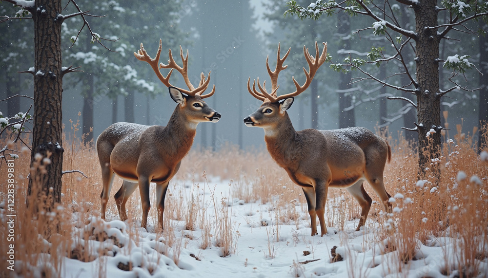 Deer standing in snowy forest, winter scene, muted serene colors Deer standing in snowy forest, winter scene, muted serene colors