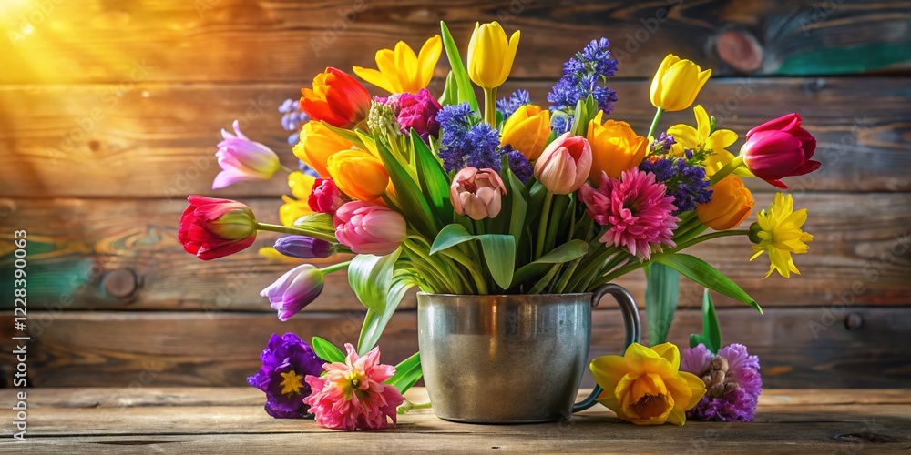 custom made wallpaper toronto digitalVibrant Spring Floral Arrangement: Mixed Tulips, Daffodils, and Hyacinths in a Rustic Vase