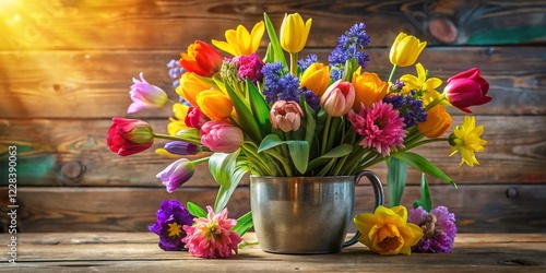 Wallpaper Mural Vibrant Spring Floral Arrangement: Mixed Tulips, Daffodils, and Hyacinths in a Rustic Vase Torontodigital.ca